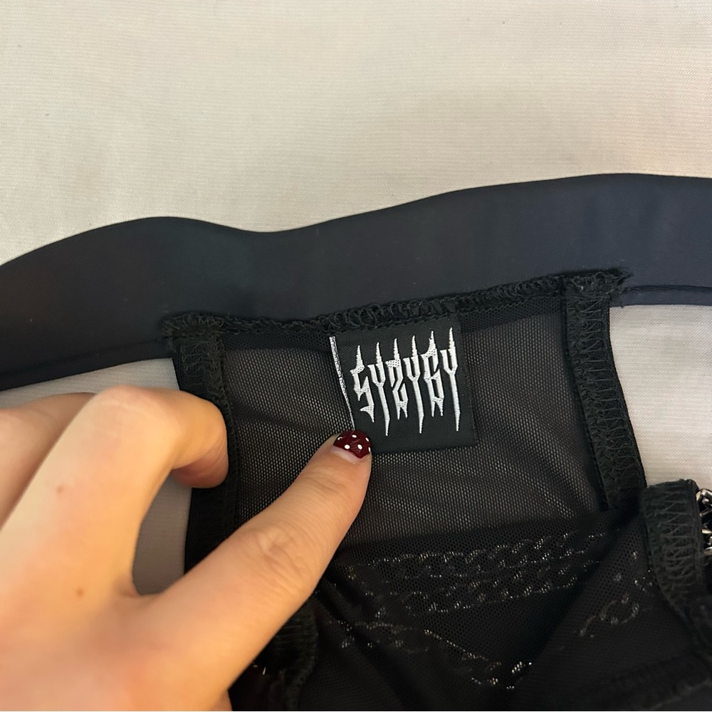 Syzygy The Label Black Mesh Mini Skirt With Titanium Chains, High Waist Cut Outs - Picture 9 of 14
